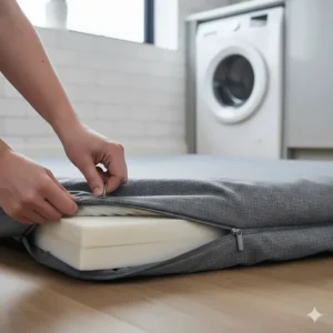 Close-up of a person unzipping a removable, machine-washable fabric cover from an orthopaedic dog bed mattress.