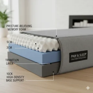 A cross-section illustration of a memory foam crate mattress showing supportive base foam and pressure-relieving layers with measurements.