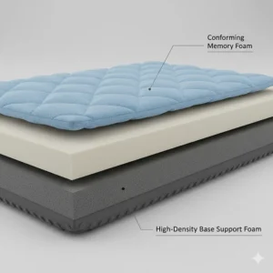Internal view of the high-density base foam and conforming memory foam layers of an affordable orthopaedic dog bed.