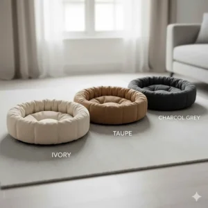 A range of neutral boucle dog bed colours including ivory, taupe, and charcoal grey.