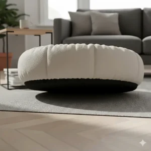 The underside of a boucle dog bed featuring a non-slip grip base for tiled or wooden floors.