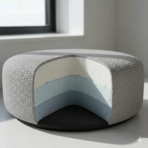 Illustration showing the orthopaedic memory foam layers inside a grey boucle dog bed for joint support.