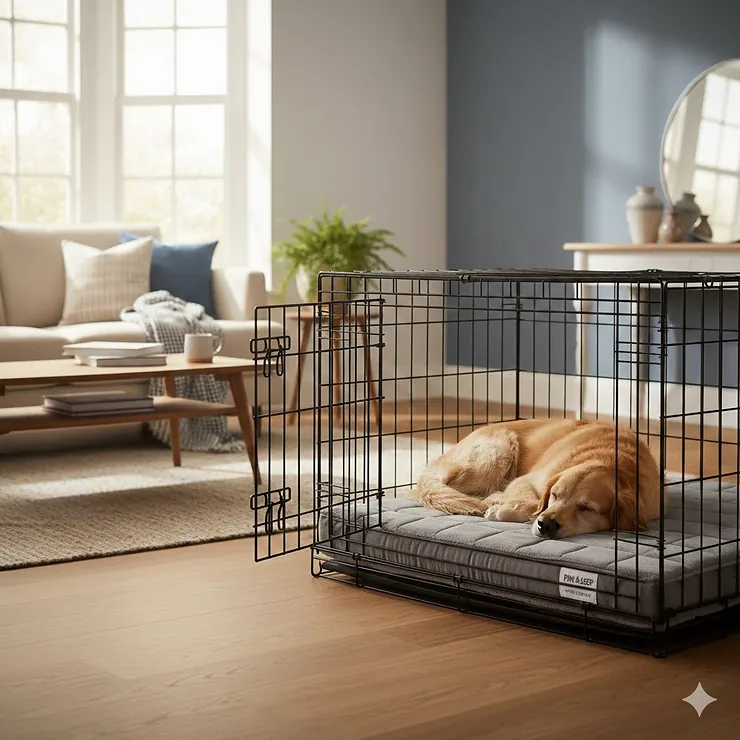 A Golden Retriever relaxing on a grey orthopaedic crate mattress inside a wire dog crate in a modern British living room. crate mattress for dogs
