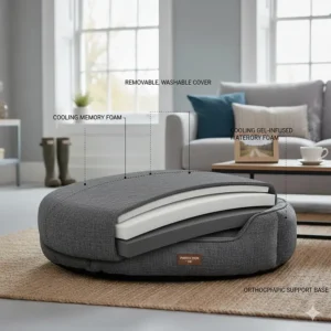 A cross-section diagram showing the orthopaedic memory foam and cooling gel layers of the hypoallergenic dog bed.