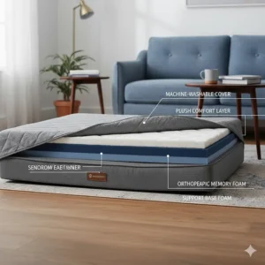 A detailed diagram showing the internal orthopaedic memory foam layers and support base of a premium dog bed.