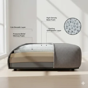 Technical cross-section of a luxury dog bed showing layers of high-density memory foam for pressure point relief.