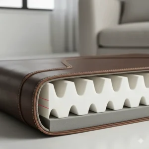 A cross-section illustration showing the orthopaedic memory foam layers inside a genuine leather dog bed for joint support.