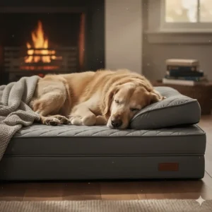 An elderly dog sleeping comfortably on a supportive orthopaedic memory foam bed beside a warm fireplace.