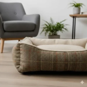 Side view of a tweed dog bed with deep-filled bolster cushions for neck support and comfort.
