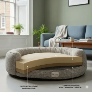 A cutaway diagram revealing the internal layers of memory foam and orthopedic support within an eco friendly dog bed.