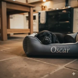 A charcoal grey personalised dog bed with name sitting on a traditional British stone kitchen floor.