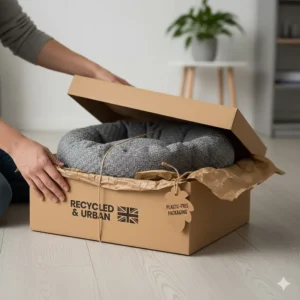 A person unboxing a new pet bed from 100% plastic-free and recyclable cardboard packaging.