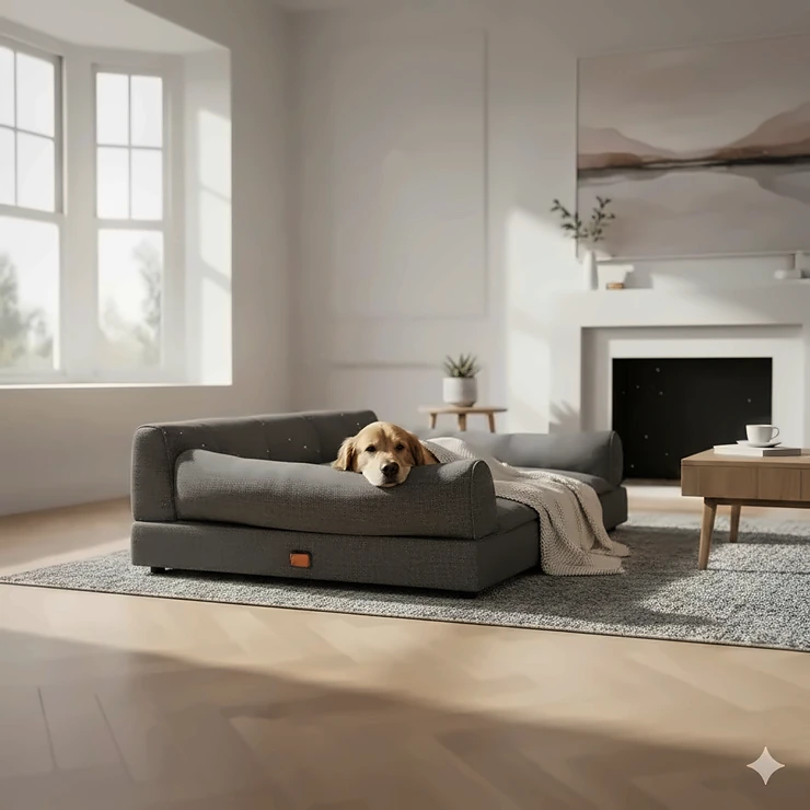 A high-quality orthopaedic dog bed in a modern British living room, demonstrating why a premium dog bed is worth it for joint support and home aesthetics. premium dog bed worth it