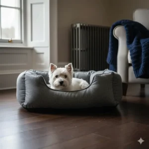 A West Highland Terrier resting in a high-walled grey dog bed with thick padding to protect against floor draughts.