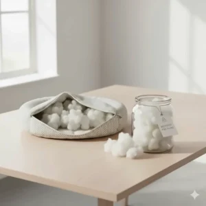 Close-up of the interior filling of a sustainable pet bed showing soft white fibres made from recycled plastic bottles.