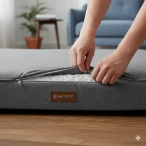 A close-up of a person unzipping the removable outer cover of a washable memory foam dog bed.
