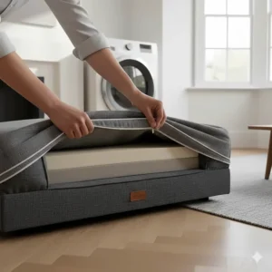 A person easily removing a machine-washable dog bed cover, highlighting easy maintenance for British pet owners.