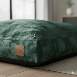 Alt text for image 7: Close-up of durable, scratch-resistant forest green velvet fabric with premium stitching and a leather brand tag.