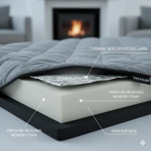 A technical illustration showing a heat-reflective thermal layer inside a dog mattress designed to keep pets warm during cold British winters.