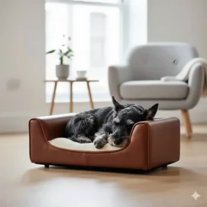 A small terrier dog curled up asleep in a bolster-style genuine leather dog bed in a modern UK flat.