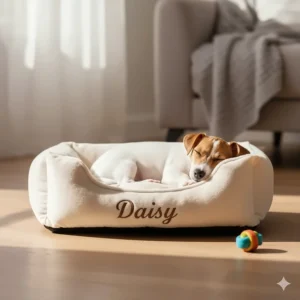 A small, plush cream personalised dog bed with name, ideal for puppies or Jack Russell Terriers.