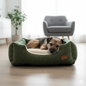 A Border Terrier sleeping comfortably in a small-sized earth-tone tweed dog bed.