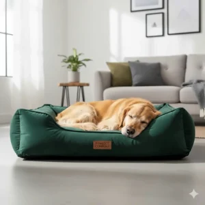 Alt text for image 5: A small blush pink velvet dog bed with a French Bulldog puppy resting inside a bright lounge.