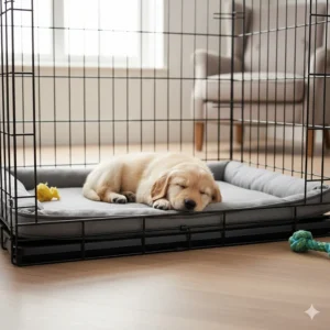 A young Labrador puppy sleeping soundly on a durable, chew-resistant crate mattress during crate training in a home setting.