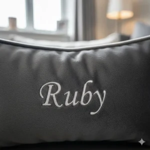Close-up texture of a soft velvet personalised dog bed with name, highlighting the durable British craftsmanship.