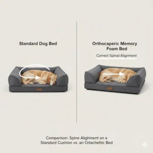 Comparison graphic showing healthy spinal alignment on an orthopaedic memory foam bed versus a sagging standard cushion bed.