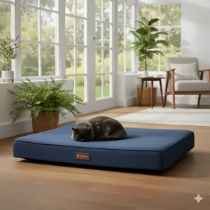A stylish navy blue washable memory foam dog bed in a bright British conservatory overlooking a garden.