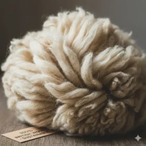 Close-up of raw, sustainable British sheep wool used for premium dog bed padding.