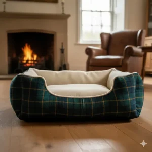A traditional British-style tweed pet bed featuring a classic check pattern in forest green.
