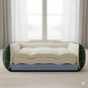 An illustration showing the internal memory foam layers of a premium tweed dog bed for joint support.