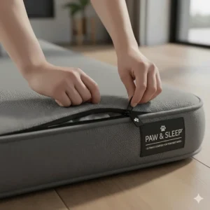 A close-up of a person unzipping a removable dog mattress cover for machine washing, highlighting easy maintenance for UK pet owners.
