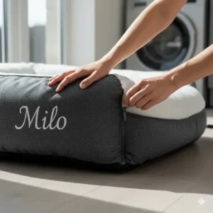 A person removing the zip-off cover from a personalised dog bed with name for easy machine washing.