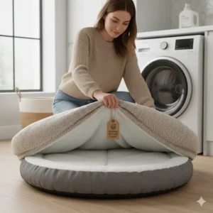 A person in a British home removing the machine-washable organic cover from a large circular eco friendly dog bed.