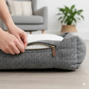A person unzipping the removable, machine-washable cover of a grey tweed dog bed.