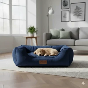 Alt text for image 2: A charcoal grey velvet dog bed cover draped over a white washing machine in a British utility room.