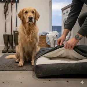 A dog owner removing a machine-washable zipped fleece cover from a bed next to a golden retriever with muddy paws.