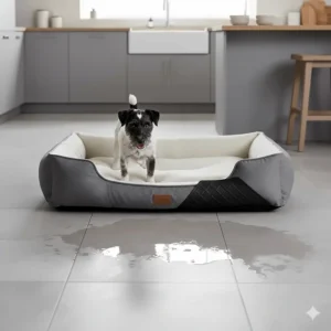 A Jack Russell standing in a dog bed featuring a waterproof, non-slip base on a grey tiled kitchen floor.