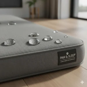 Close-up of a waterproof dog crate mattress cover showing liquid-beading technology to protect against accidents and spills.