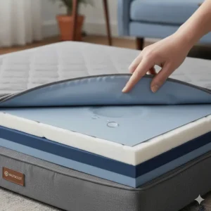 A hand lifting a quilted cover to show the waterproof inner liner protecting the orthopaedic foam from accidents.