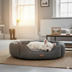 A white West Highland Terrier puppy sleeping on a hypoallergenic bed, highlighting suitability for sensitive young dogs.