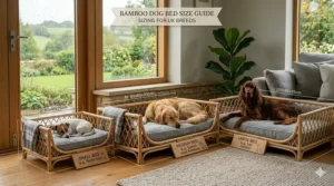Size chart for bamboo dog beds ranging from small Terriers to large Golden Retrievers.