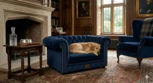 A bespoke navy blue velvet Chesterfield dog bed, featuring deep-button tufting and brass studding, with a golden retriever asleep inside, located in an opulent traditional British drawing room with a stone fireplace.