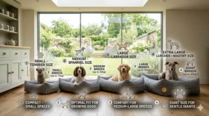 Infographic showing airflow through the recycled plastic fibres to regulate a dog's temperature in summer and winter.