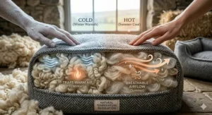 A technical diagram showing how the natural wool fibres in a dog bed trap warm air in winter and allow breathable airflow in summer.