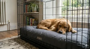 A relaxed Labrador sitting on a chew proof crate bed in a UK living room.