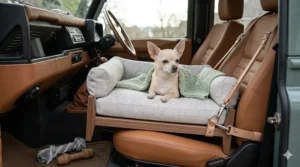 A Chihuahua secured in a raised travel booster seat on a tan leather car seat, featuring a safety tether and a cosy green blanket.